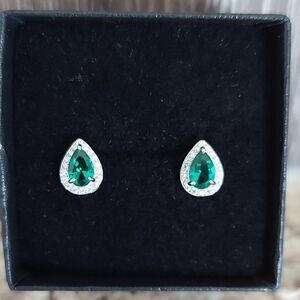 0.68 Carat Emerald Sterling Silver Pear Cut Stud Earrings